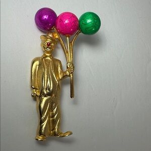 Rare Vintage Brushed Gold Clown Brooch with Hot Pink, Purple, and Green Balloons